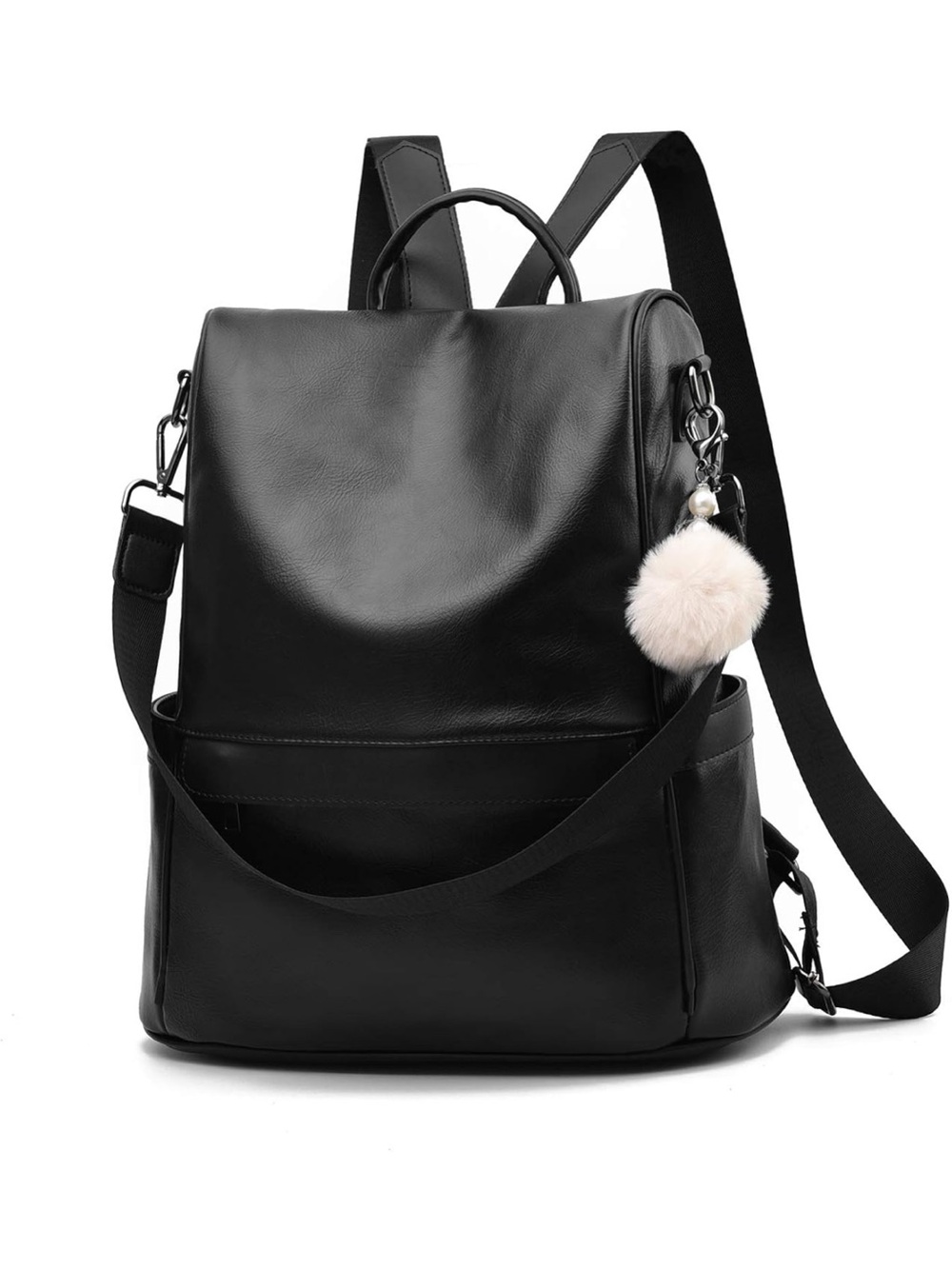 Stylish Black Women's Faux Leather Backpack with Pom Charm